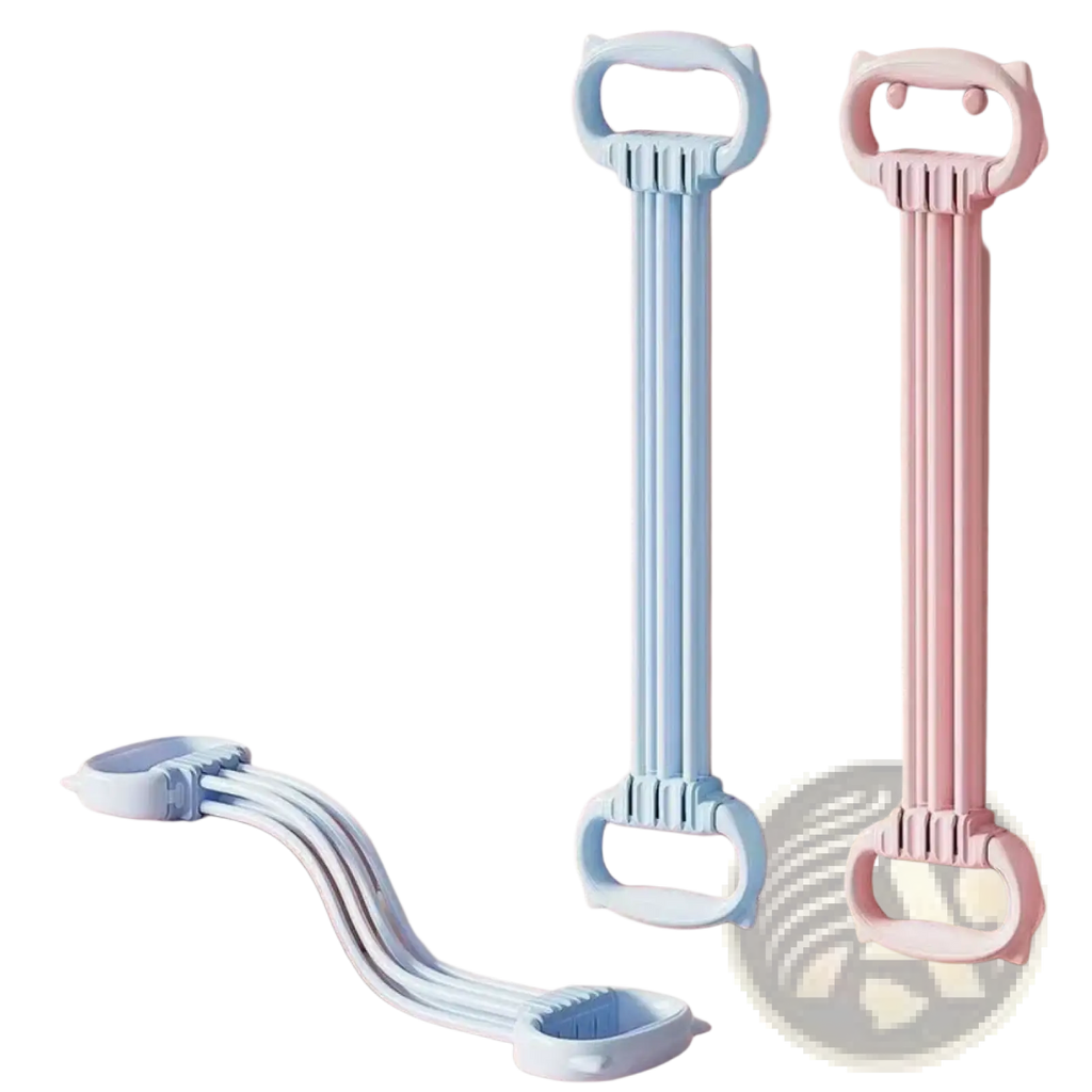 Light blue and pink cat-themed resistance band with detachable tubes and soft plastic bear handles for exercise