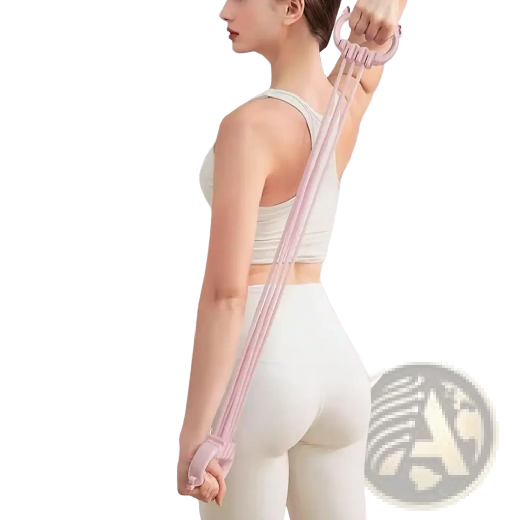 Pink resistance band with detachable tubes and bear handles featuring dual handles and adjustable grip for fitness use