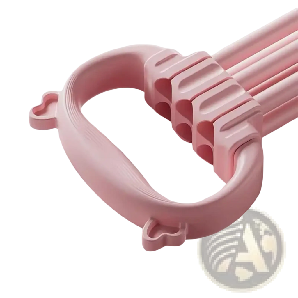Pink plastic resistance band with detachable tubes and heart-shaped bear handles for strength training exercises