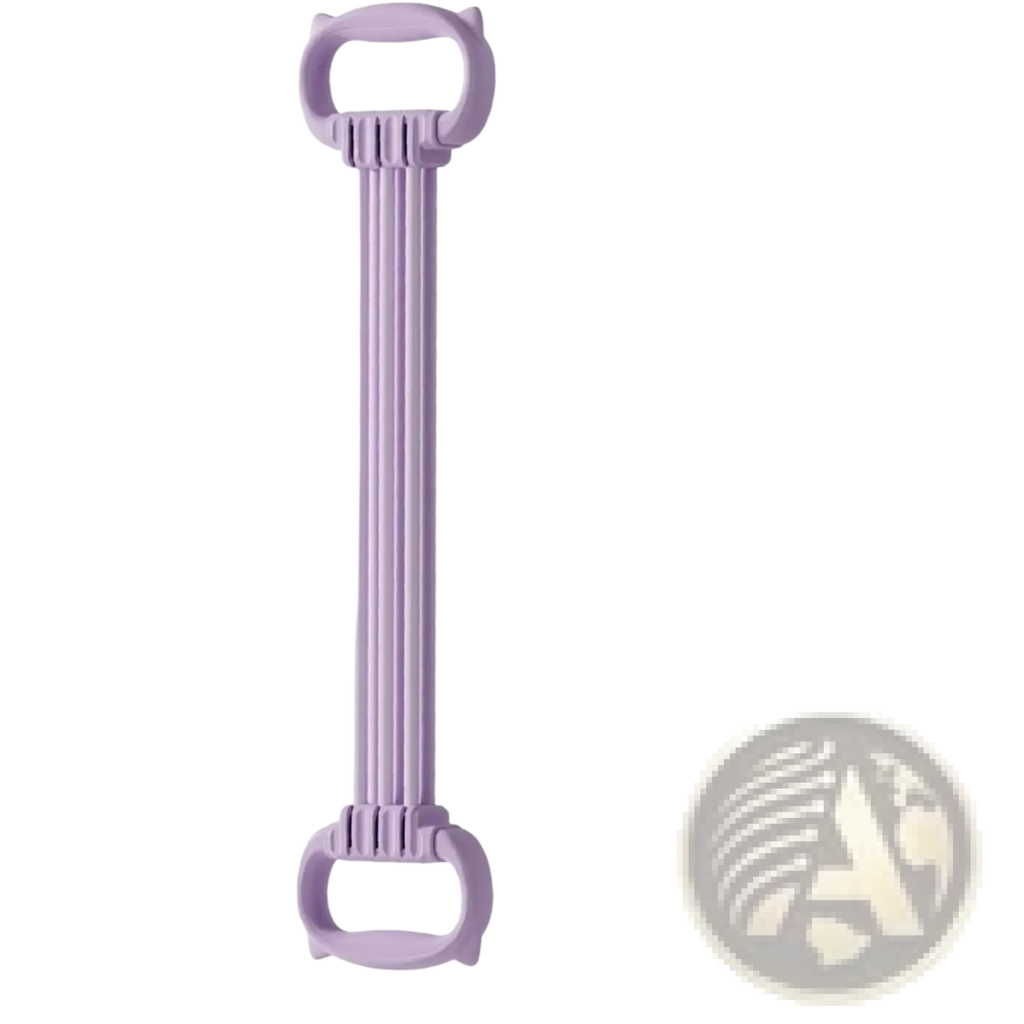 Purple plastic resistance band with detachable tubes and cat-ear handles featuring a segmented adjustable design