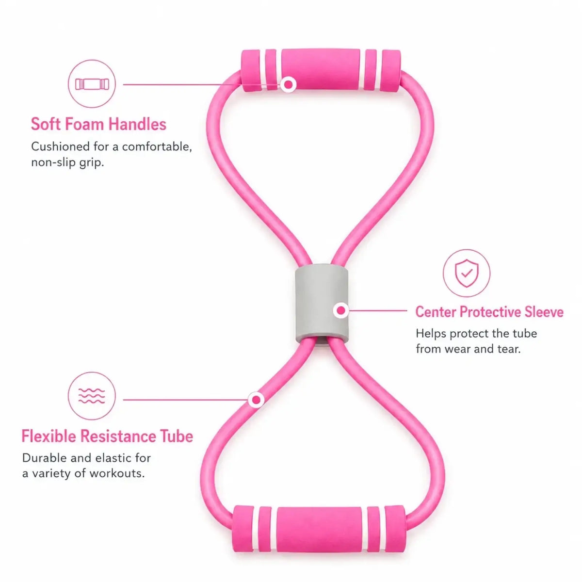 Resistance band with soft foam handles and center protective sleeve in pink designed for women’s fitness training