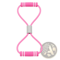 Resistance band for women with pink soft textured foam handles and a gray central connector for comfortable grip