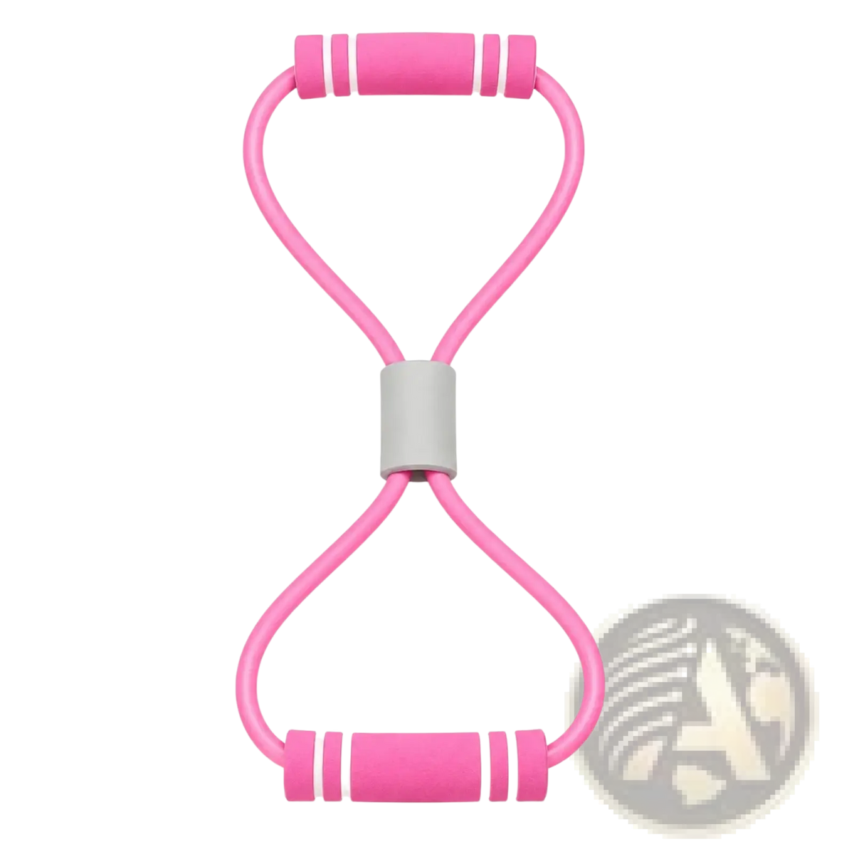 Resistance band for women with pink soft textured foam handles and a gray central connector for comfortable grip