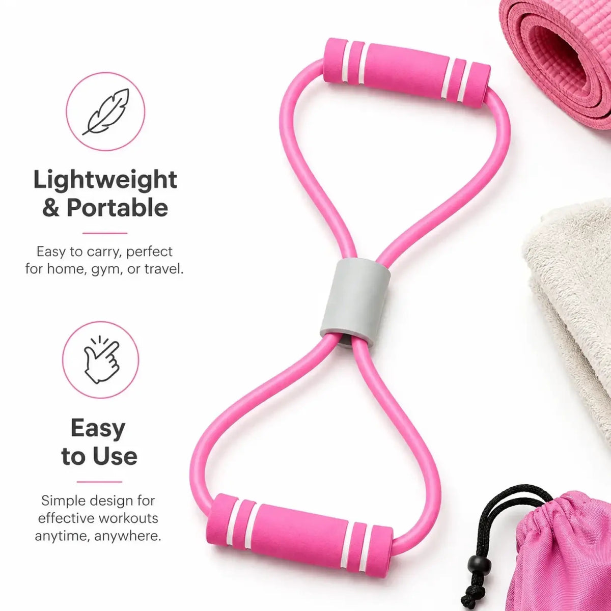 Resistance band with foam handles for women in pink with textured grips and a gray central strap