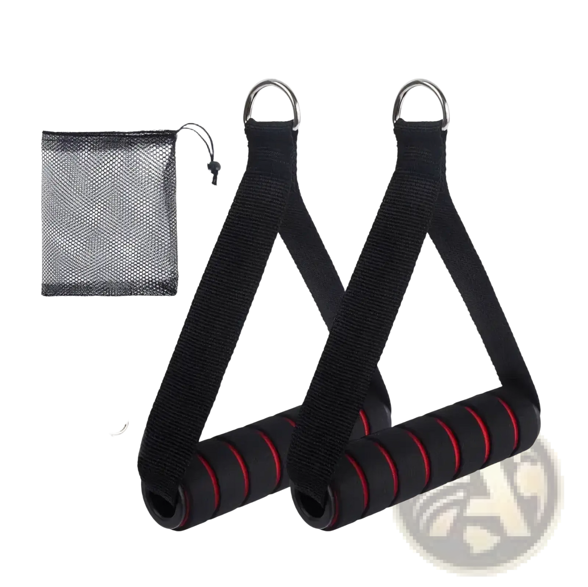 Resistance band handle attachment for home gym with black and red triangular padded grips for comfortable use