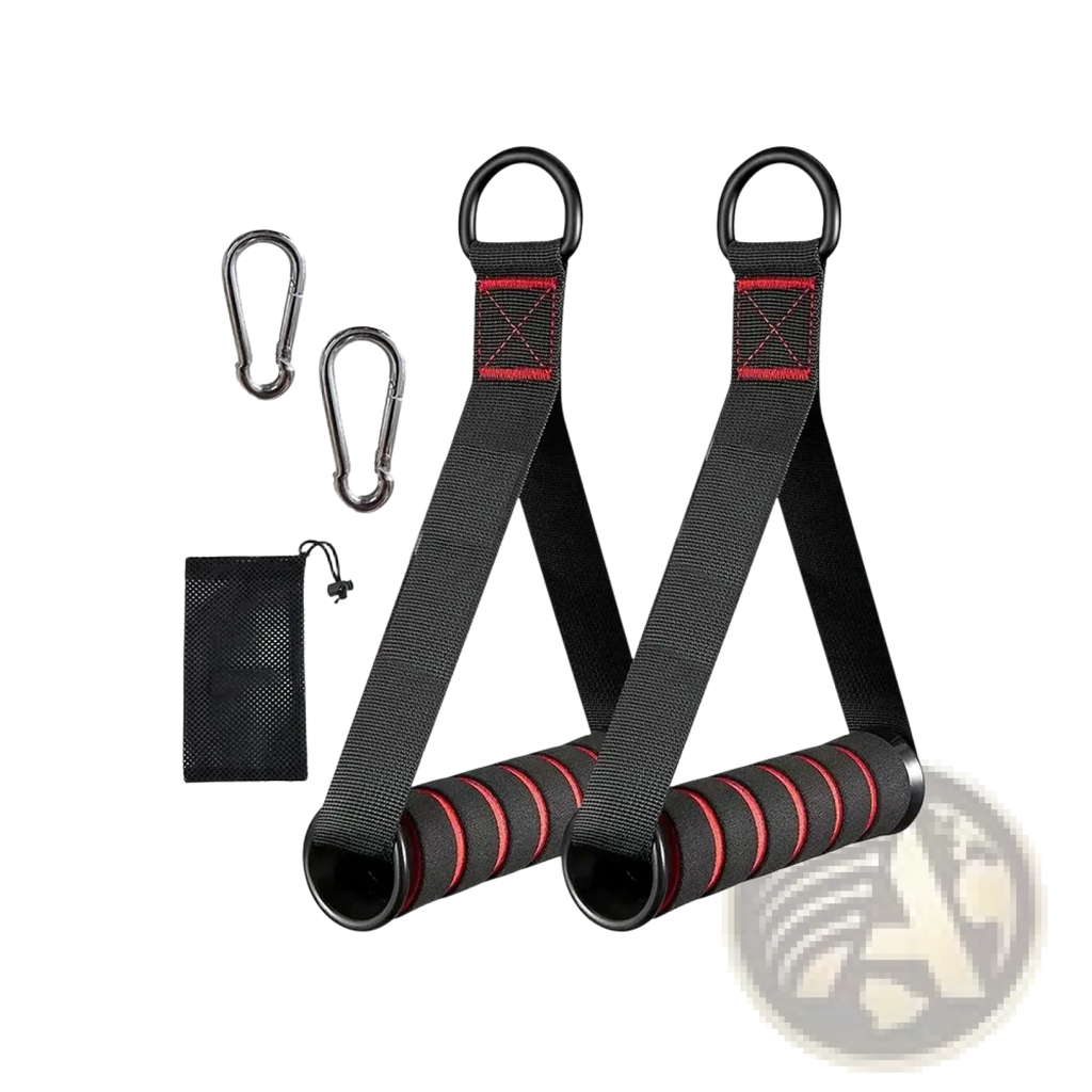 Resistance band handle attachment with black and red textured grips durable fabric straps and metal carabiners for home gym use