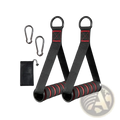 Resistance band handle attachment with black and red textured grips durable fabric straps and metal carabiners for home gym use