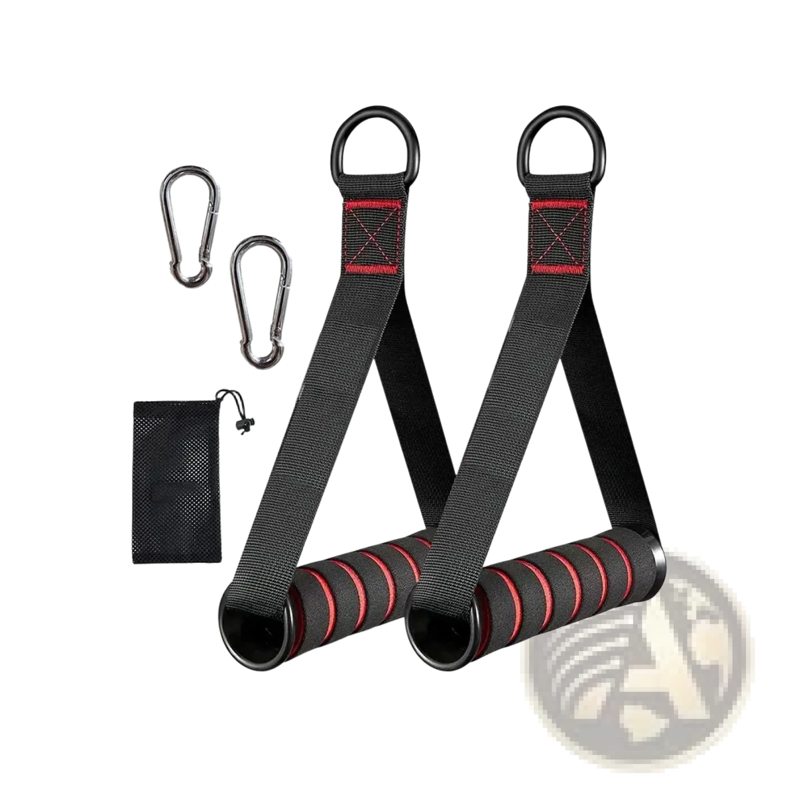 Resistance band handle attachment with black and red textured grips durable fabric straps and metal carabiners for home gym use