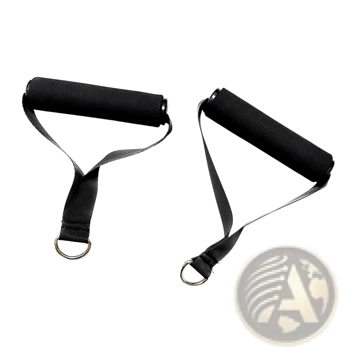 Black foam-handled resistance band handle attachments with metal rings and fabric straps for home gym use