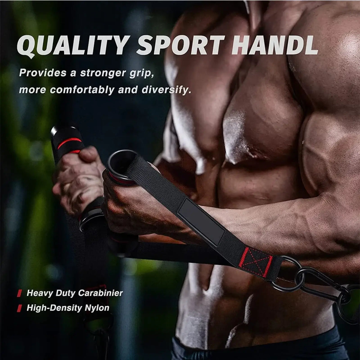 Resistance band handle attachment made of black high-density nylon with red stitching and heavy-duty carabiner for home gym use