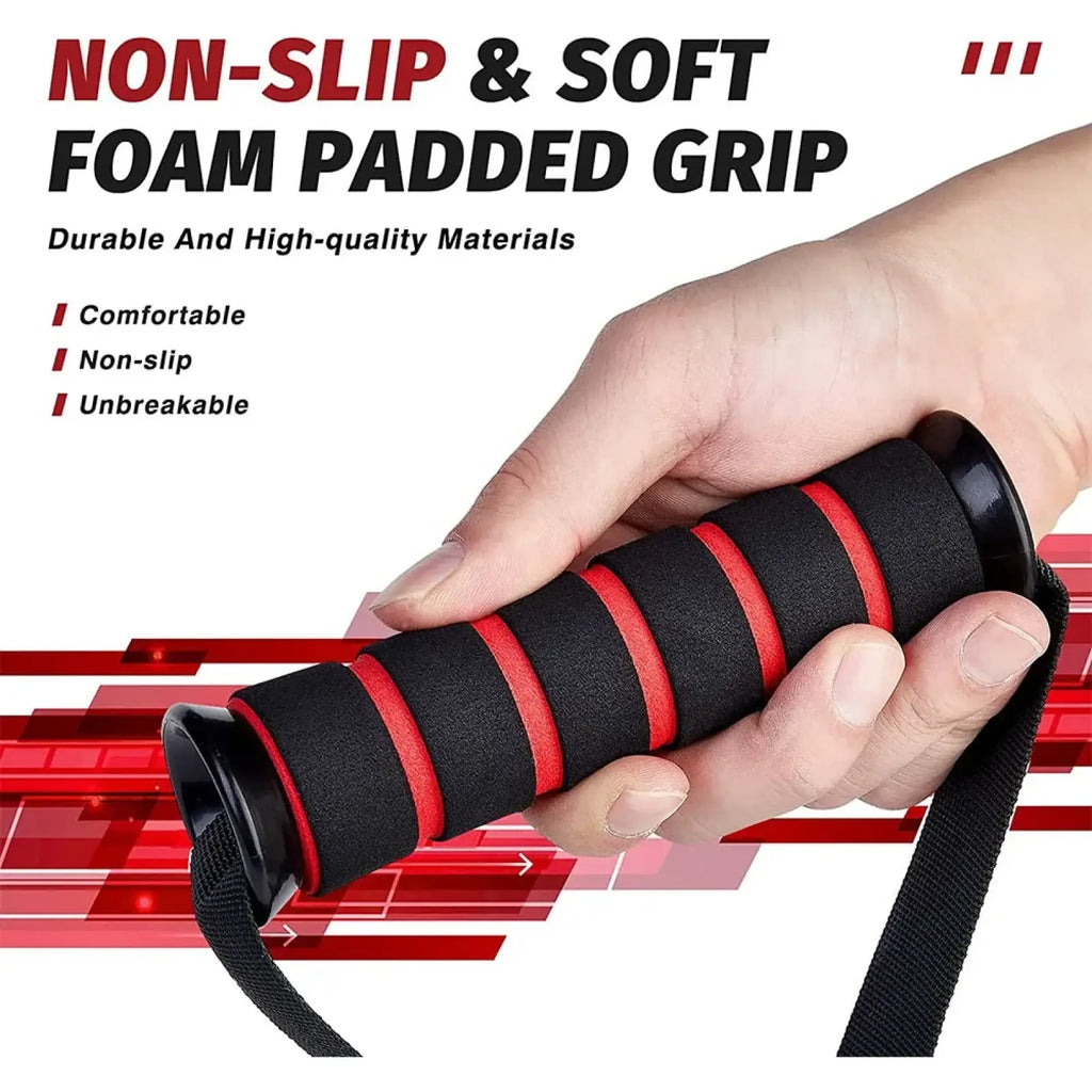 Resistance band handle attachment with black and red foam padded non-slip grip for home gym use