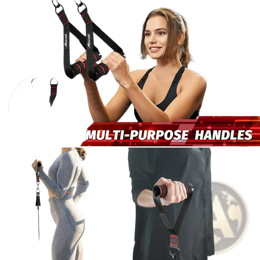 Black and red multi-purpose resistance band handle attachments with textured grips for home gym training
