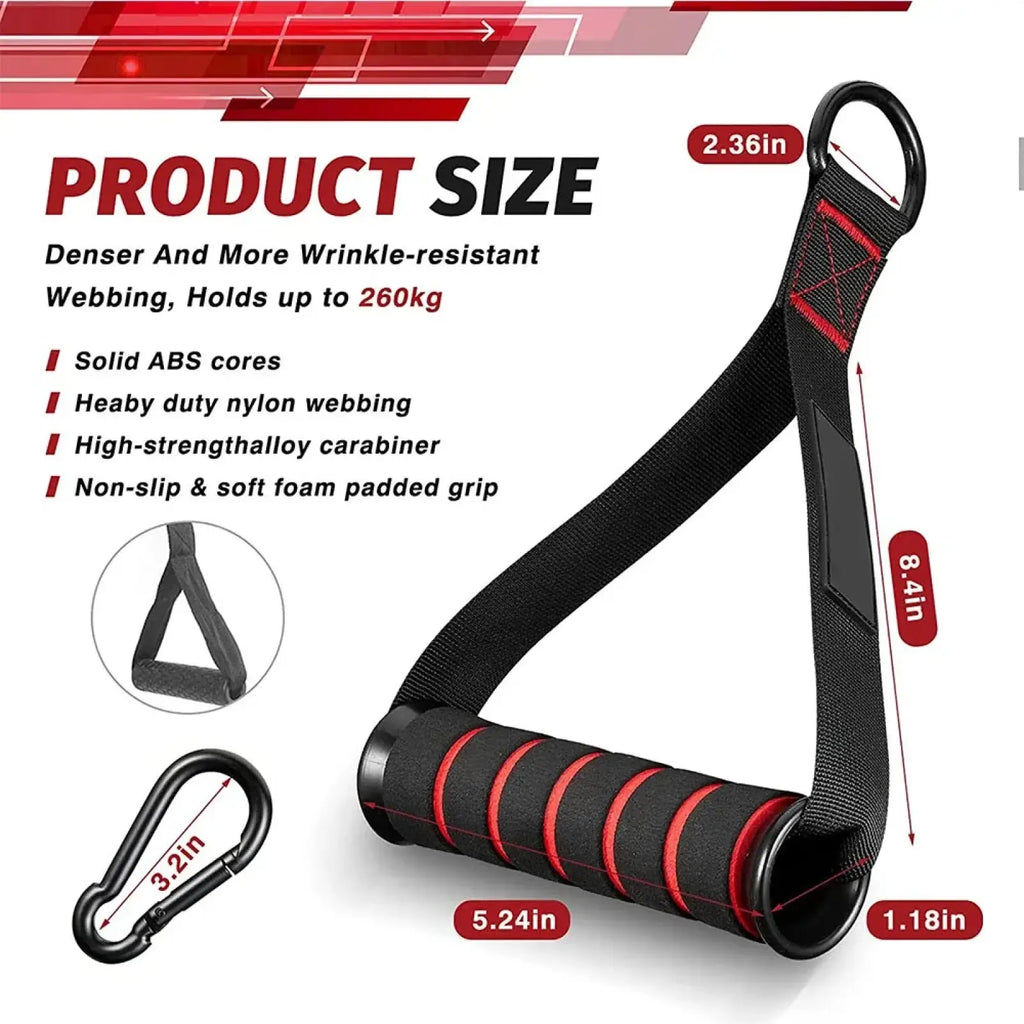 Resistance band handle attachment for home gym with black and red foam padded grip and solid abs core design