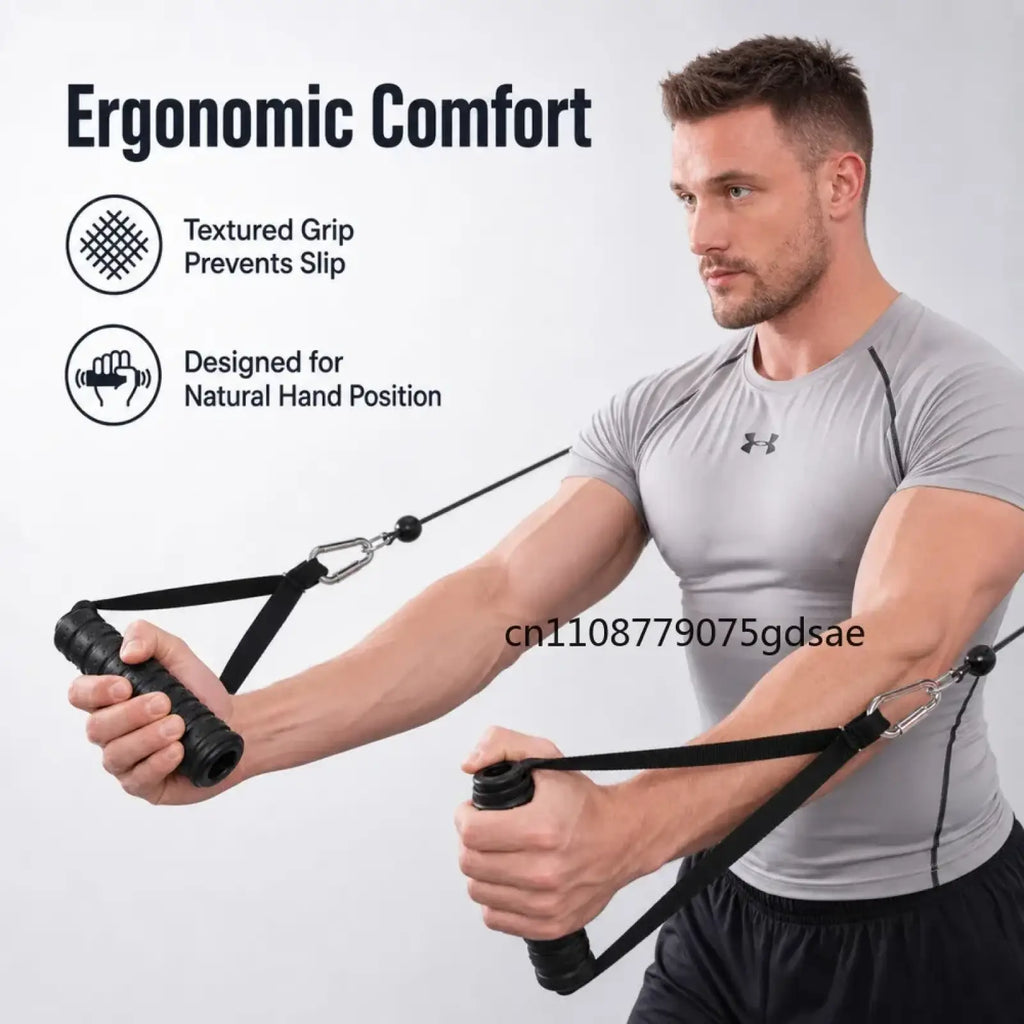 Black ergonomic resistance band handles with textured grip and metal carabiners for secure attachment