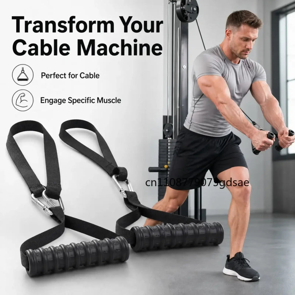 Black foam roller attachments with textured grip and metal carabiner clips for resistance band handle cable workouts