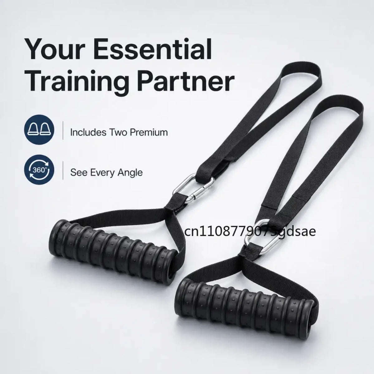 Black rubber-coated resistance band handles with textured grips and metal carabiner clips for secure attachment