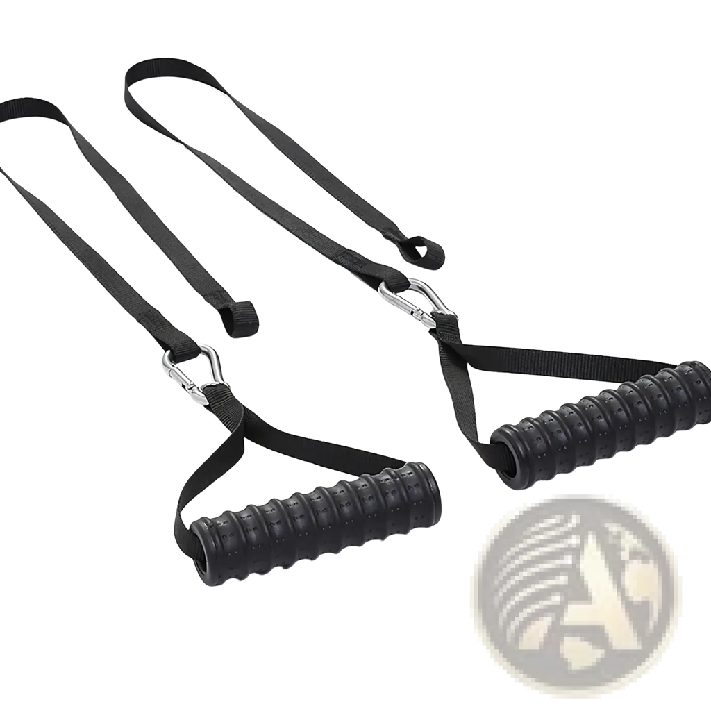 Black rubber-coated resistance band handles with textured grip and metal carabiner clips for secure attachment