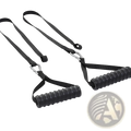 Black rubber-coated resistance band handles with textured grip and metal carabiner clips for secure attachment