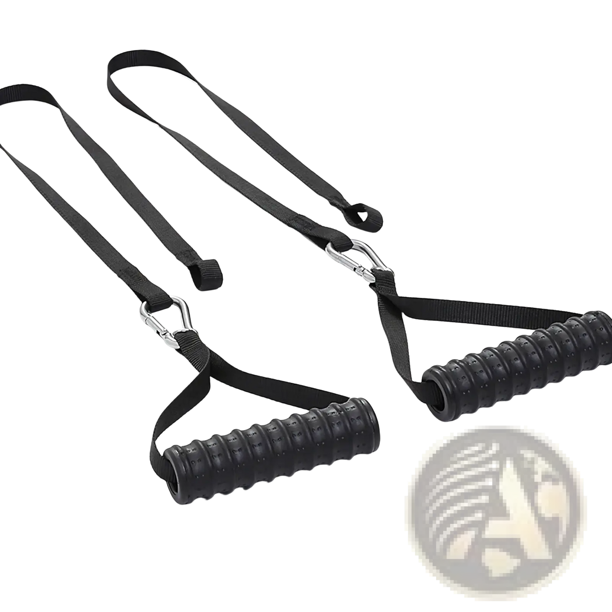 Black rubber-coated resistance band handles with textured grip and metal carabiner clips for secure attachment