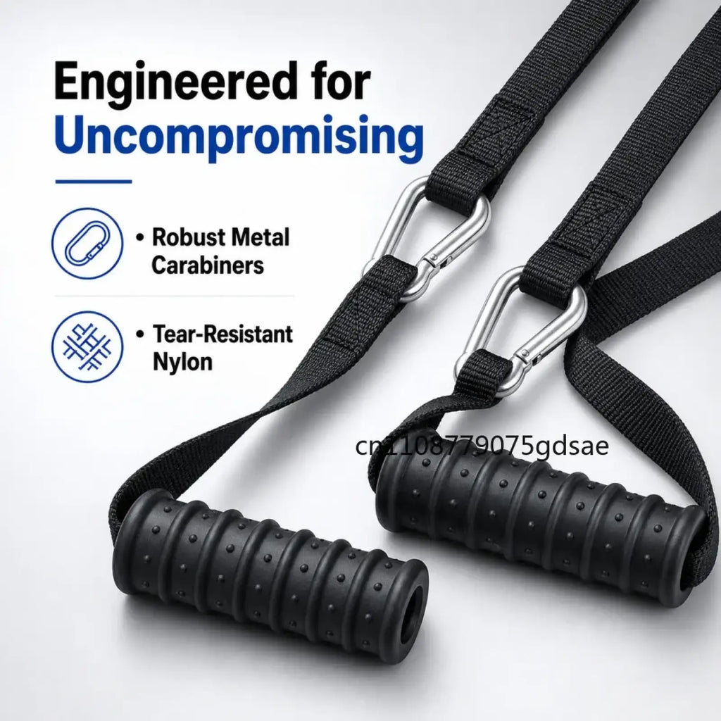 Resistance band handle with black textured ribbed grips and silver metal carabiner clips for secure attachment