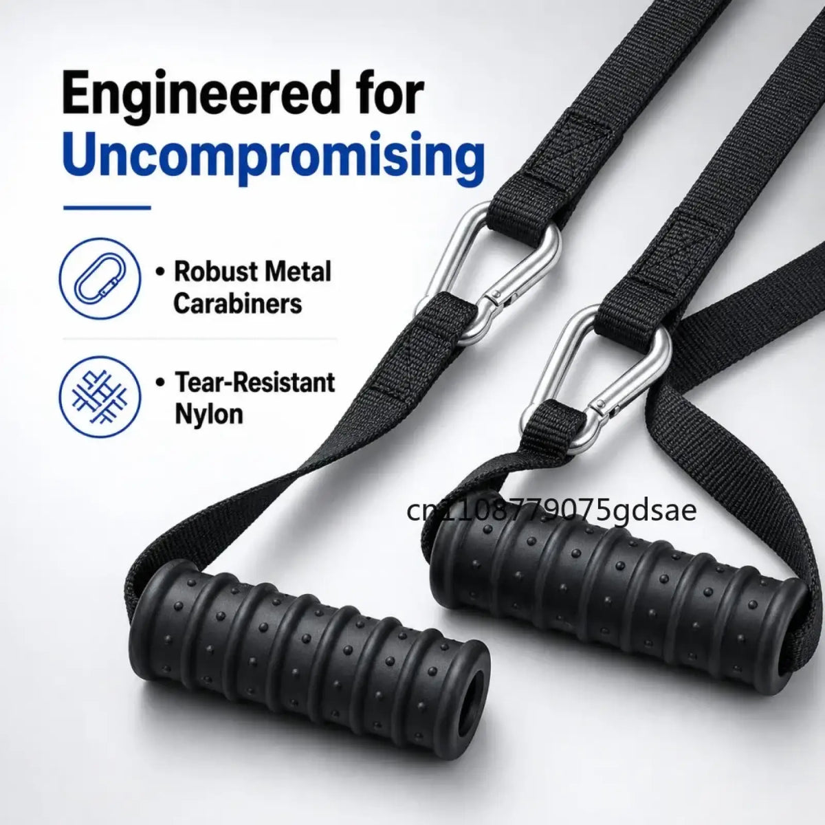 Resistance band handle with black textured ribbed grips and silver metal carabiner clips for secure attachment