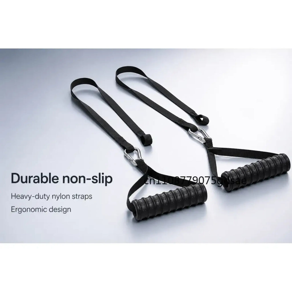 Black resistance band handle with textured ribbed grips and metal carabiner clips for secure attachment and workout use