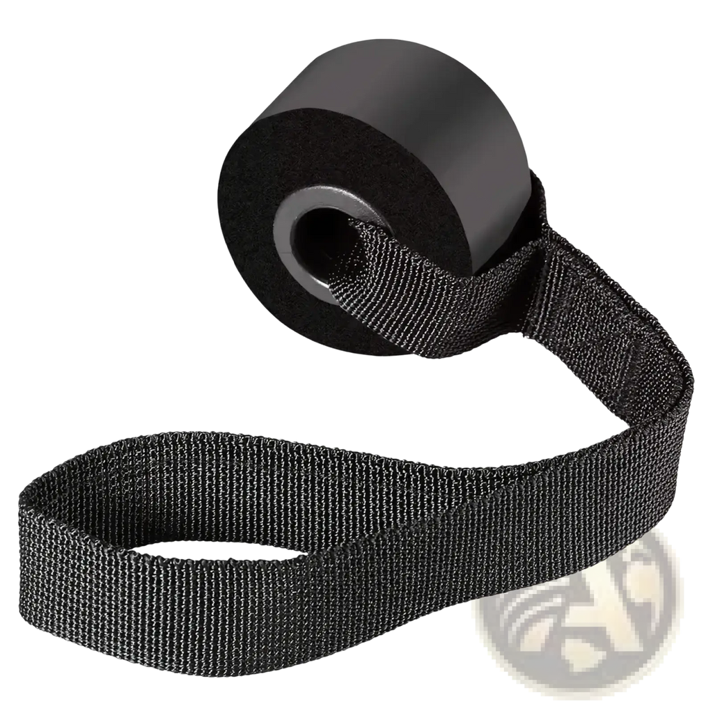 Black woven strap resistance band handle with carabiners featuring a sturdy textured weave and reinforced looped end