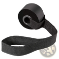 Black woven strap resistance band handle with carabiners featuring a sturdy textured weave and reinforced looped end