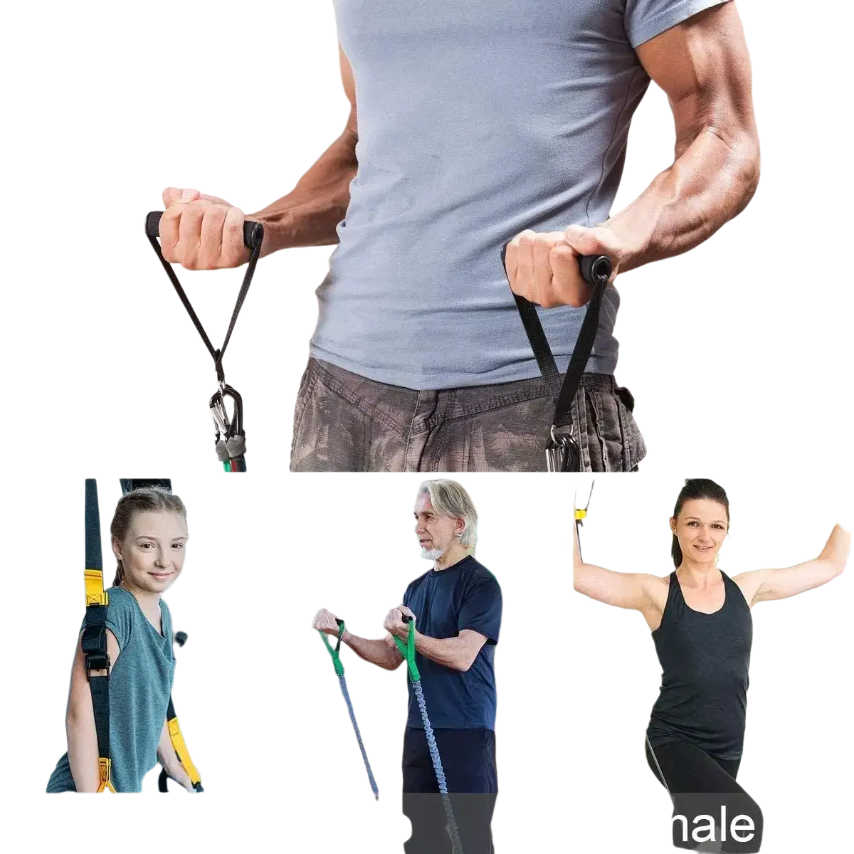 Black resistance band handle with adjustable metal carabiners for versatile fitness training and strength exercises
