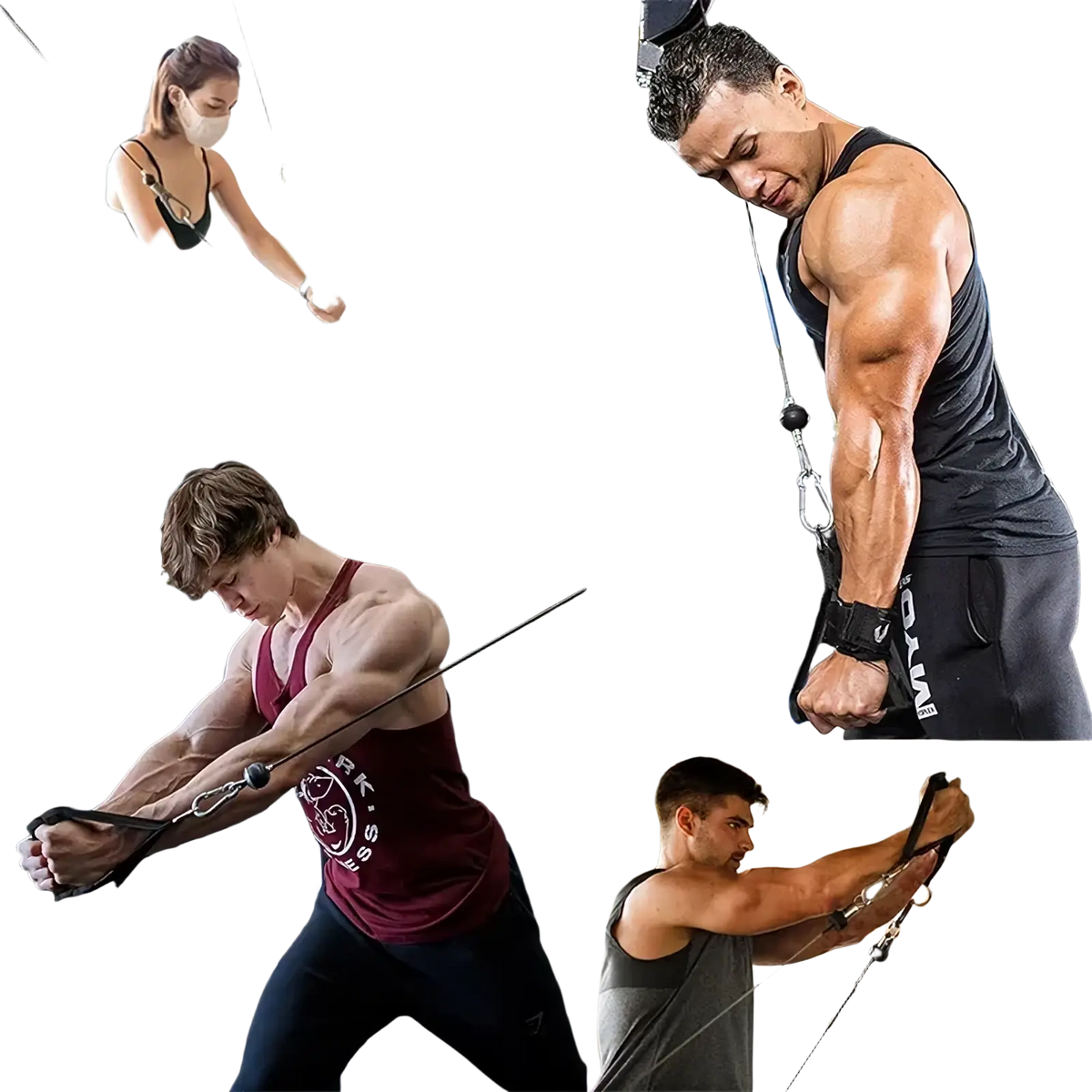 Black resistance band handles with carabiners featuring adjustable resistance and ergonomic grips for workout use