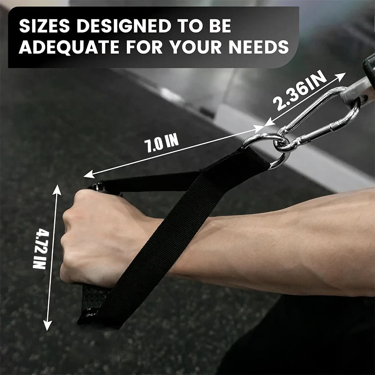 Black fabric resistance band handle with metal carabiner clip for secure exercise grip and attachment