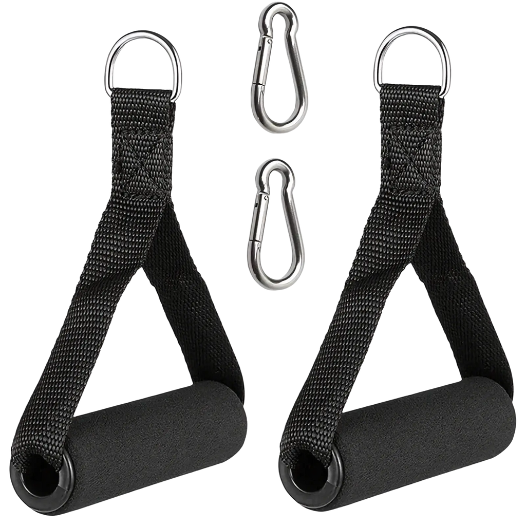 Black foam-handled resistance band handles with metal carabiners for secure pull-up assist and strength training