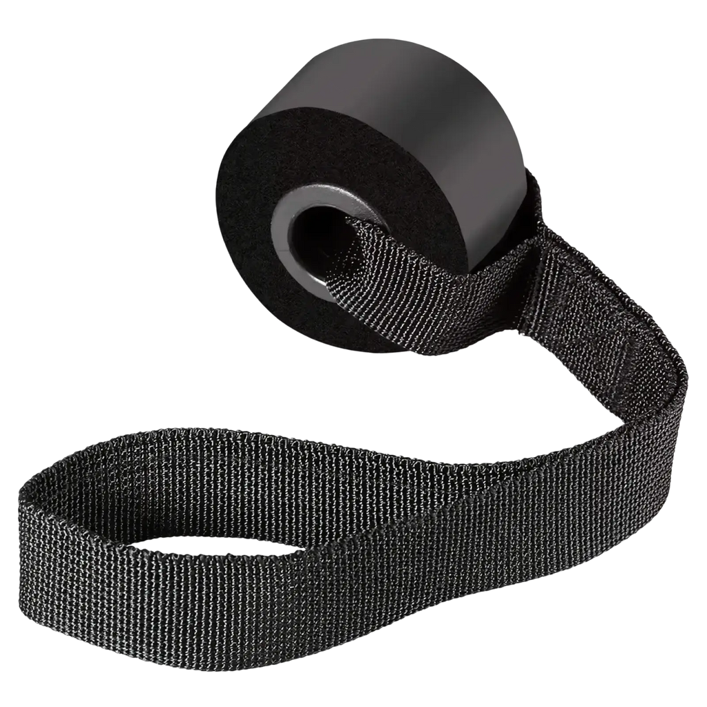 Black woven strap resistance band handle with carabiners featuring a sturdy textured weave and reinforced looped end