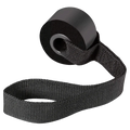 Black woven strap resistance band handle with carabiners featuring a sturdy textured weave and reinforced looped end