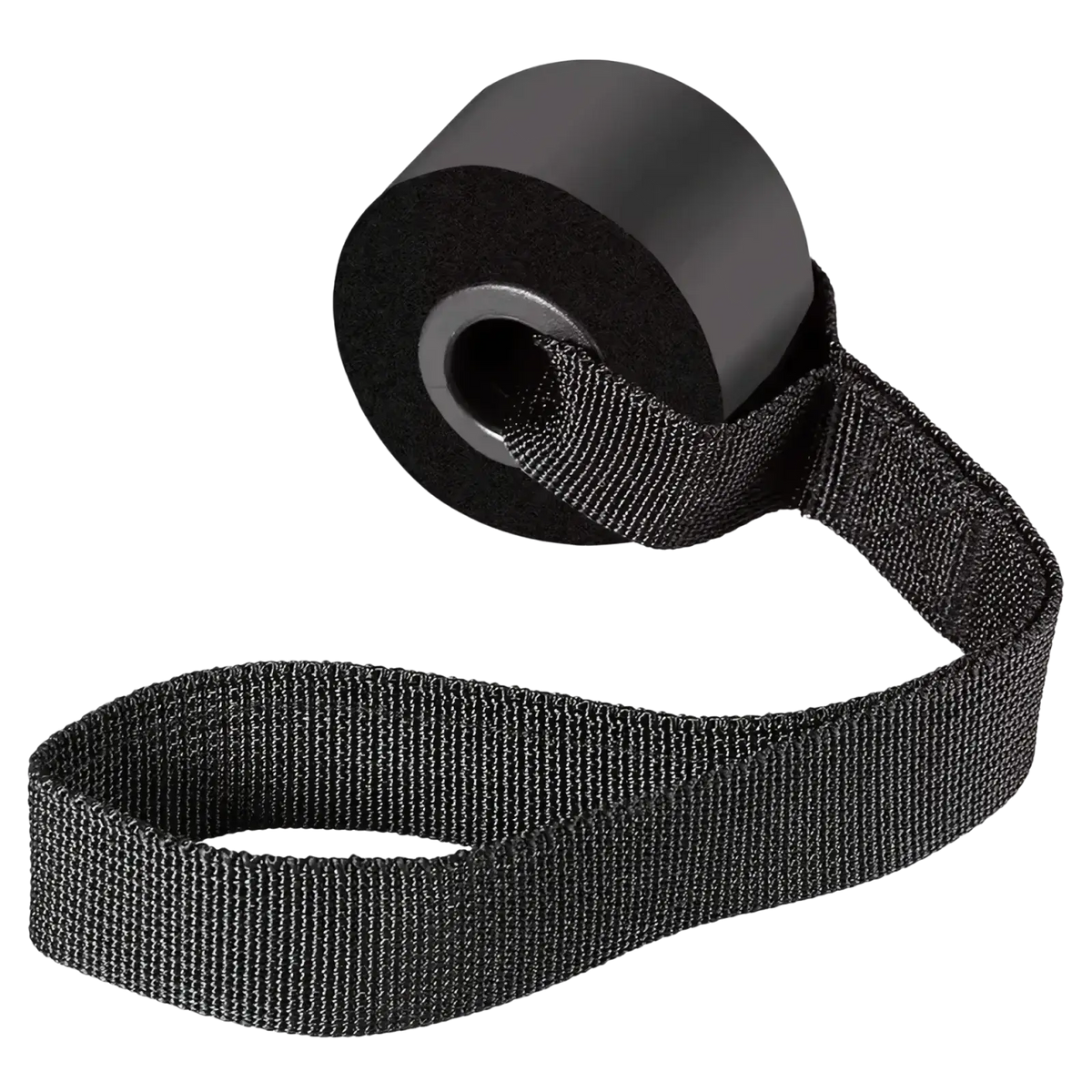 Black woven strap resistance band handle with carabiners featuring a sturdy textured weave and reinforced looped end