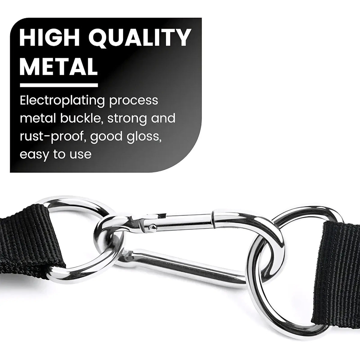 Resistance band handle with silver metal carabiner and black fabric strap featuring polished electroplated finish and locking mechanism