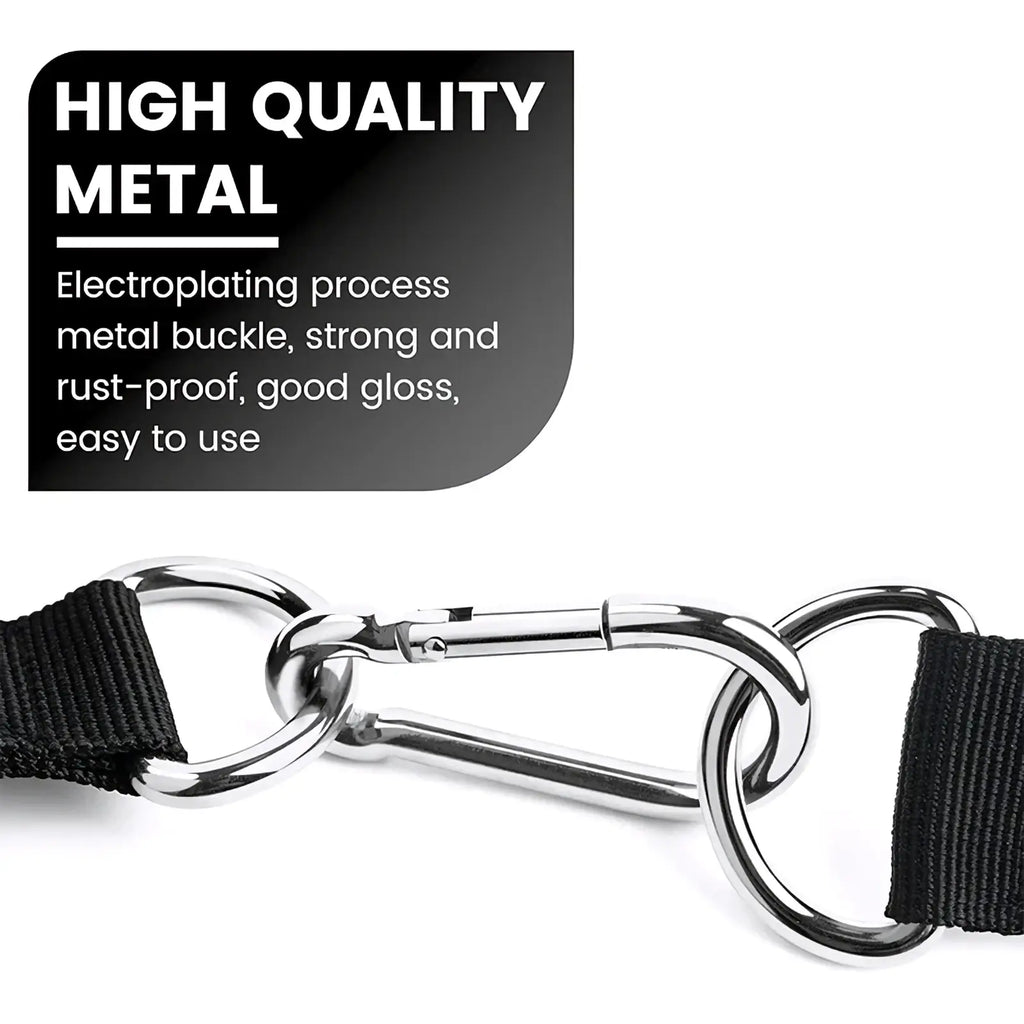 Resistance band handle with silver metal carabiner and black fabric strap featuring polished electroplated finish and locking mechanism