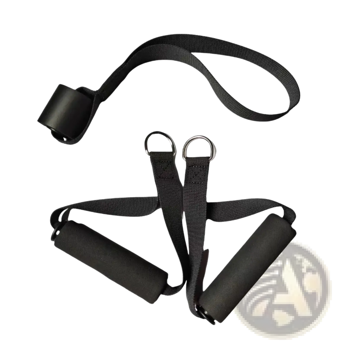 Black resistance band handles with padded grip and metal rings for secure and comfortable workout use