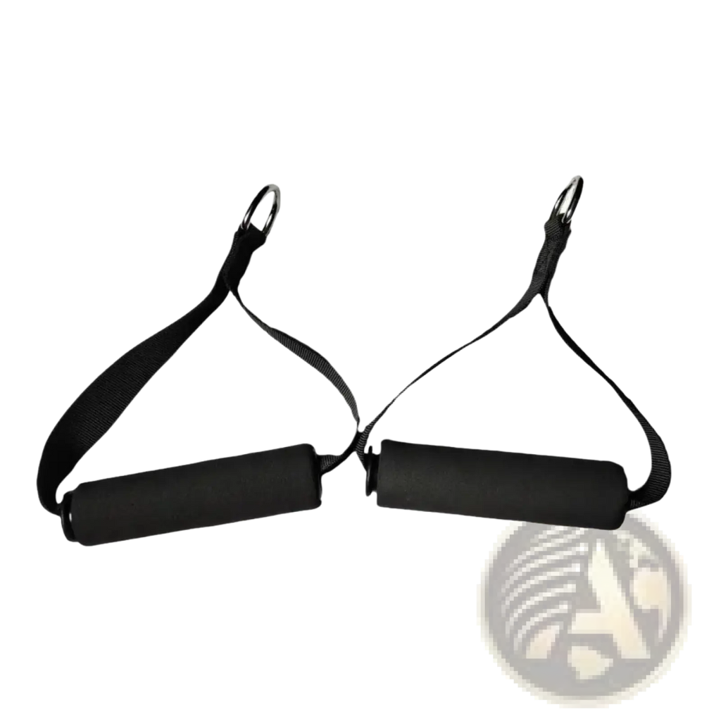 Resistance band handles with black foam padded grip and metal rings for secure exercise attachment