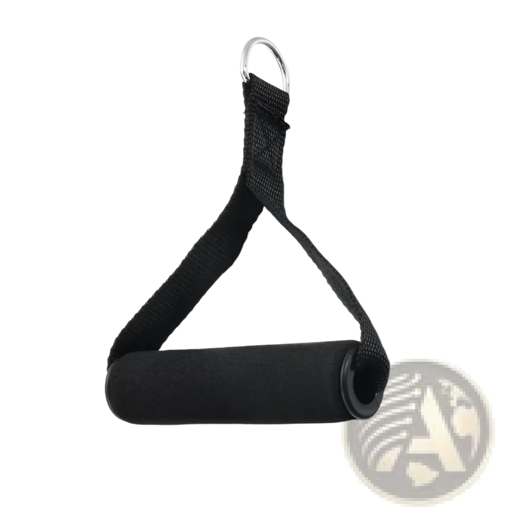 Black foam-handled resistance band handles with padded grip and metal ring attachment for secure exercise use