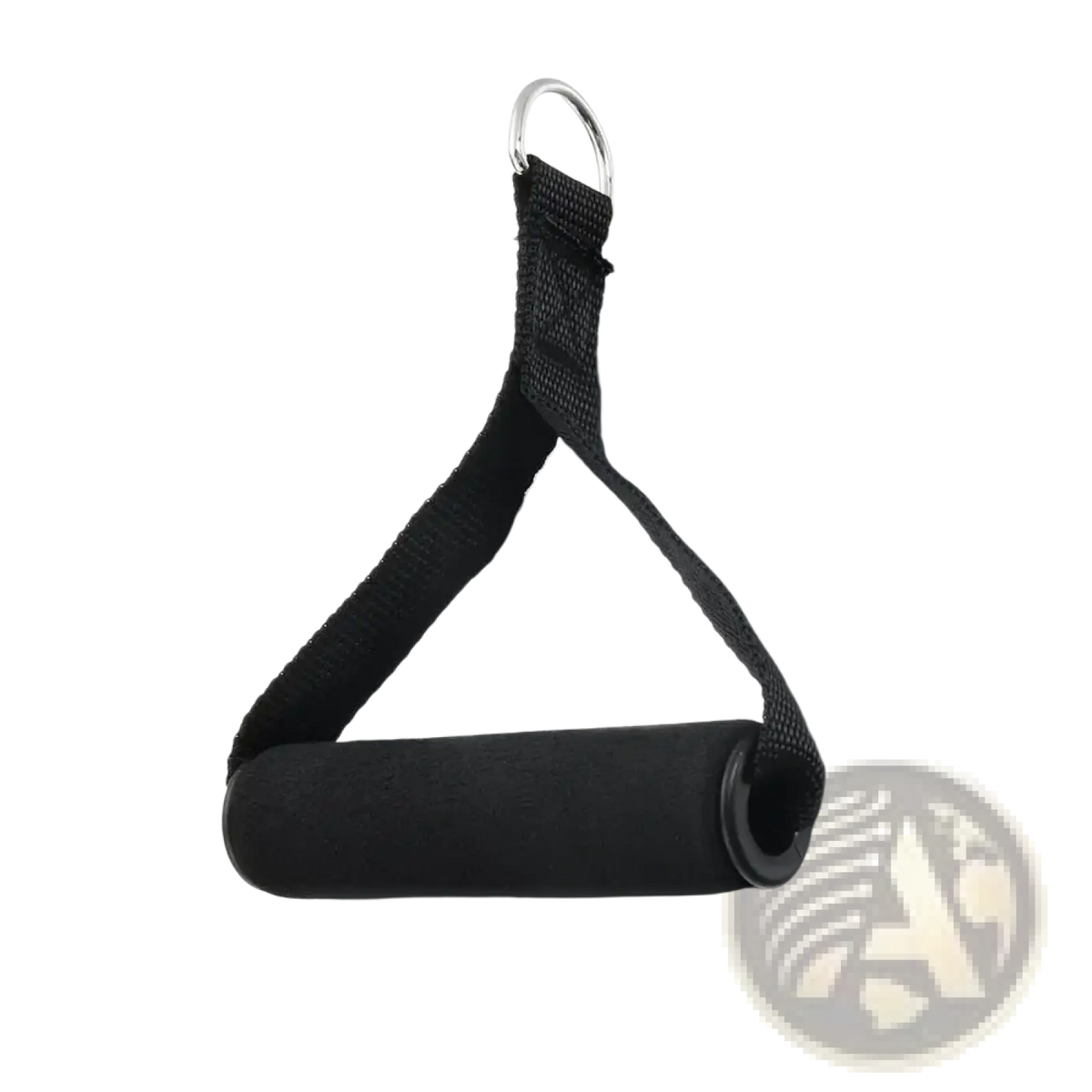 Black foam-handled resistance band handles with padded grip and metal ring attachment for secure exercise use