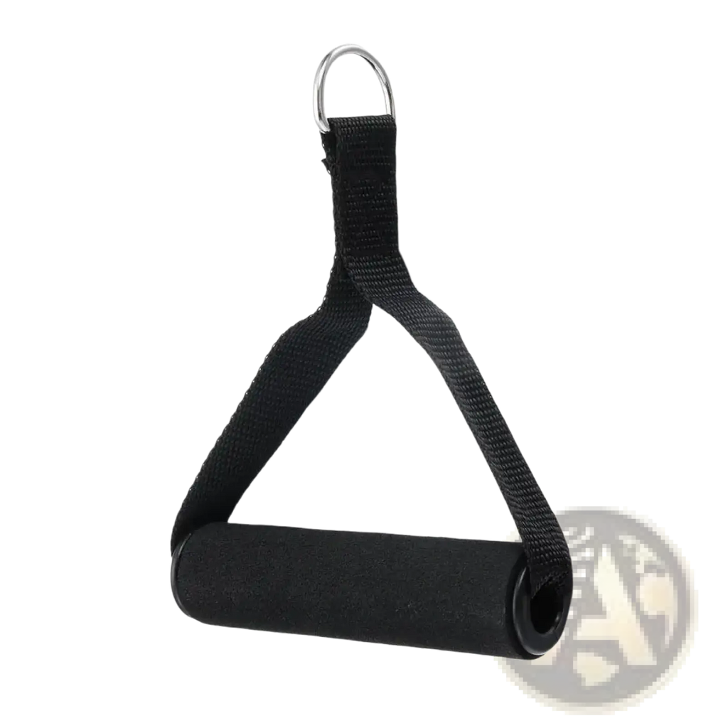 Black foam-handled triangular resistance band handle with padded grip and metal ring attachment for exercise