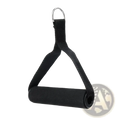 Black foam-handled triangular resistance band handle with padded grip and metal ring attachment for exercise