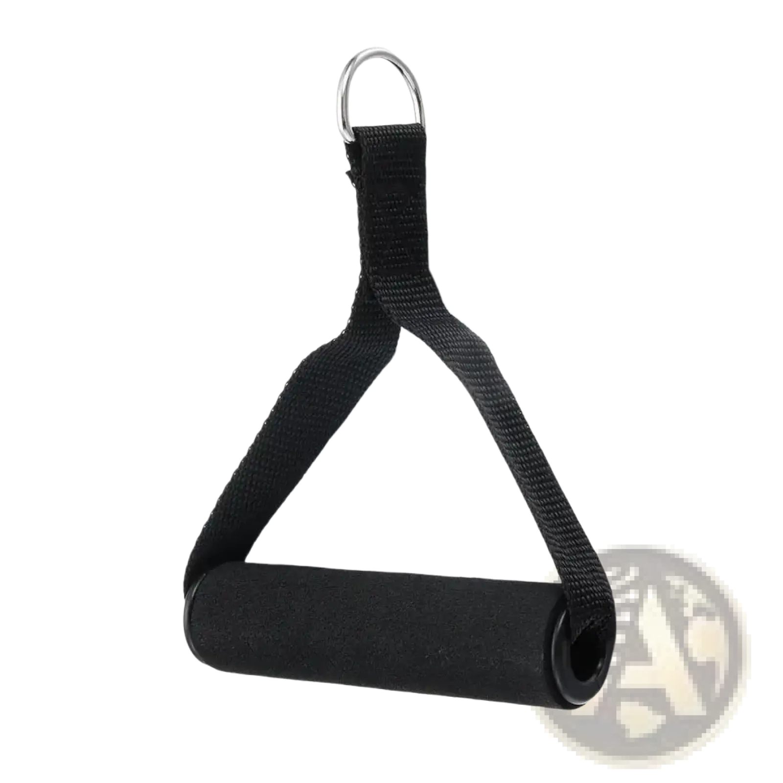 Black foam-handled triangular resistance band handle with padded grip and metal ring attachment for exercise