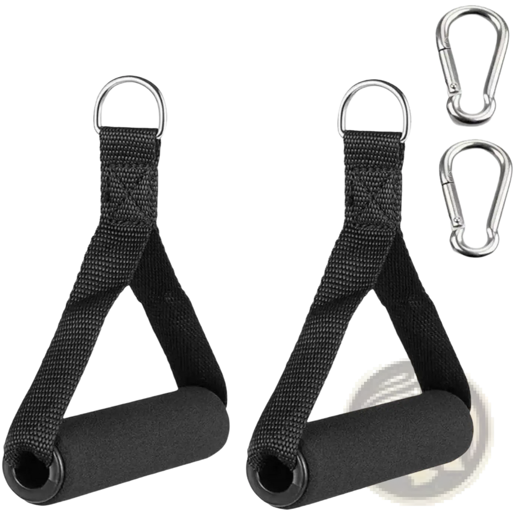 Resistance band handles padded grip with black foam grips, metal d-rings, and two silver carabiners for strength training