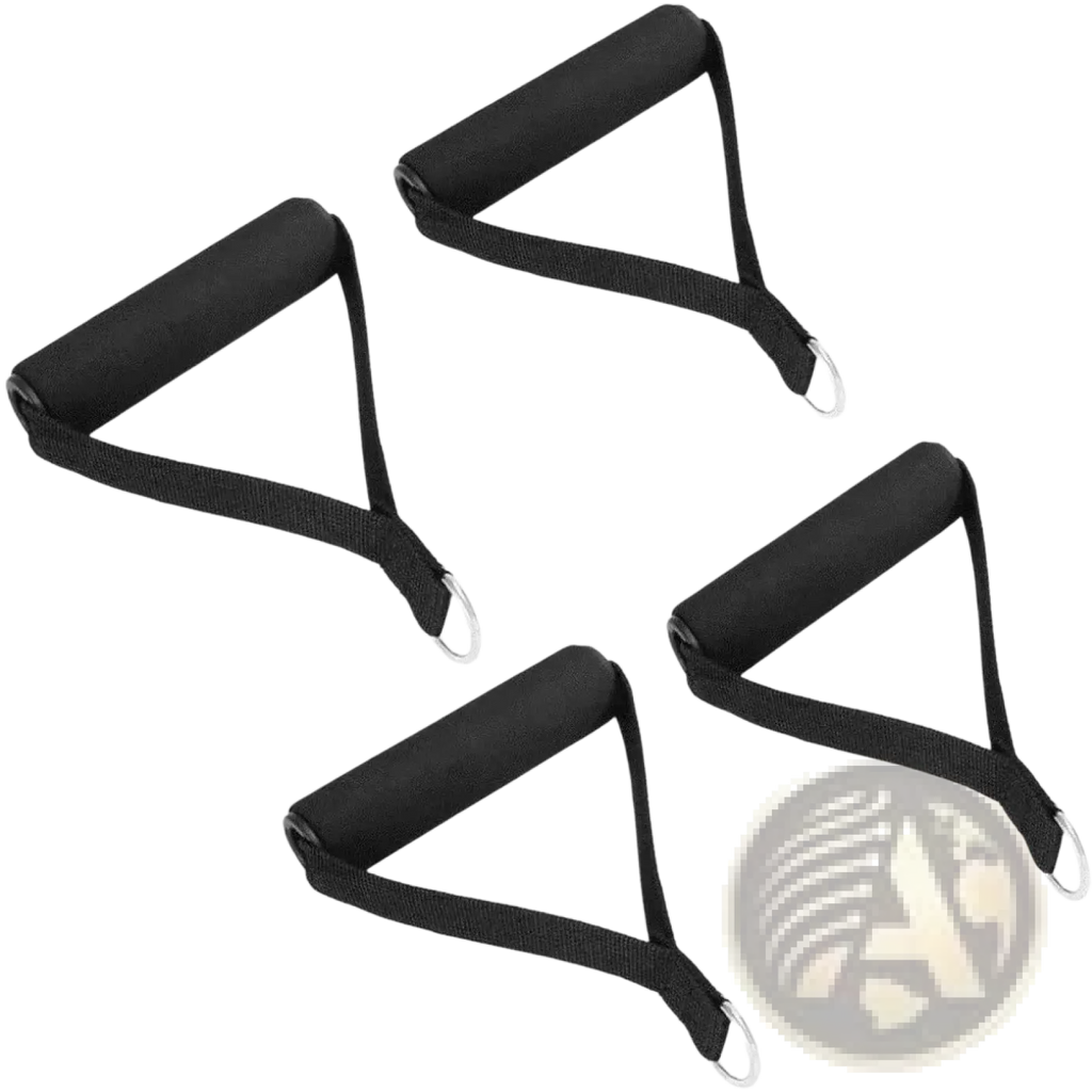 Black triangular resistance band handles with padded grips and metal rings for secure fitness workouts