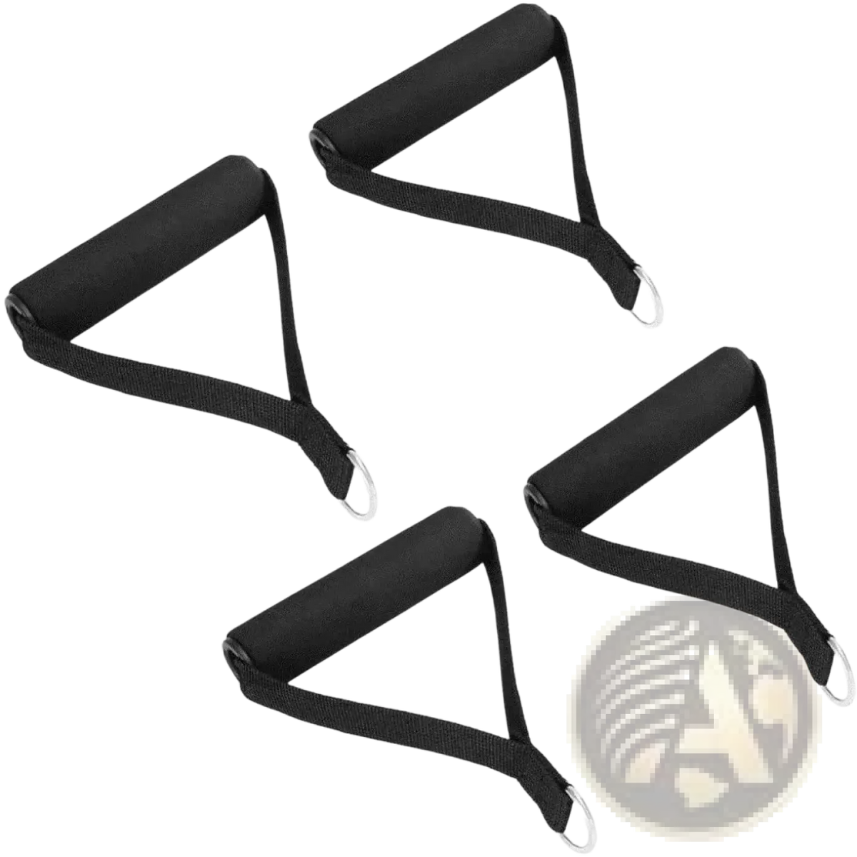 Black triangular resistance band handles with padded grips and metal rings for secure fitness workouts