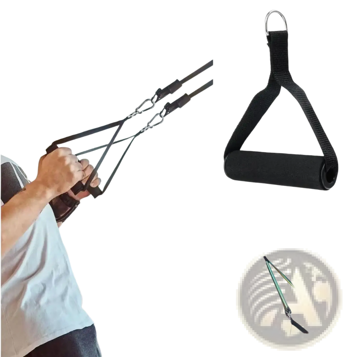 Resistance band handle in black triangular design with padded grip and metal d-ring attachment for secure use