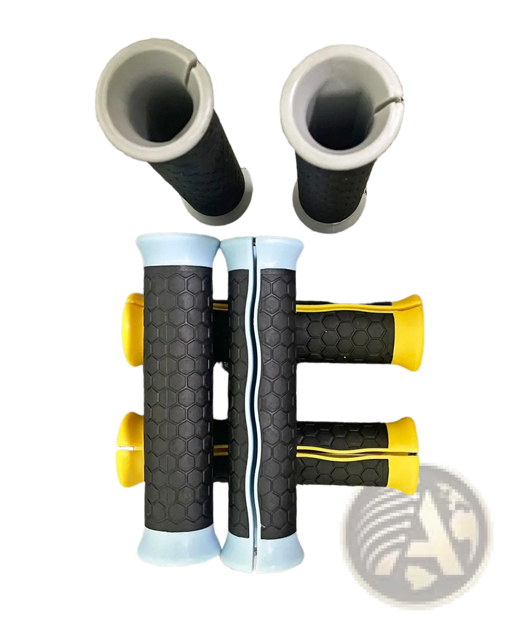 Resistance band handles replacement grips in black and yellow honeycomb texture with light blue end caps and gray metal tubes