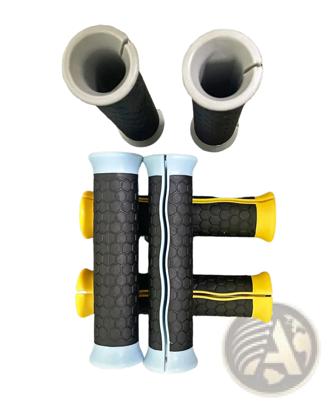 Resistance band handles replacement grips in black and yellow honeycomb texture with light blue end caps and gray metal tubes